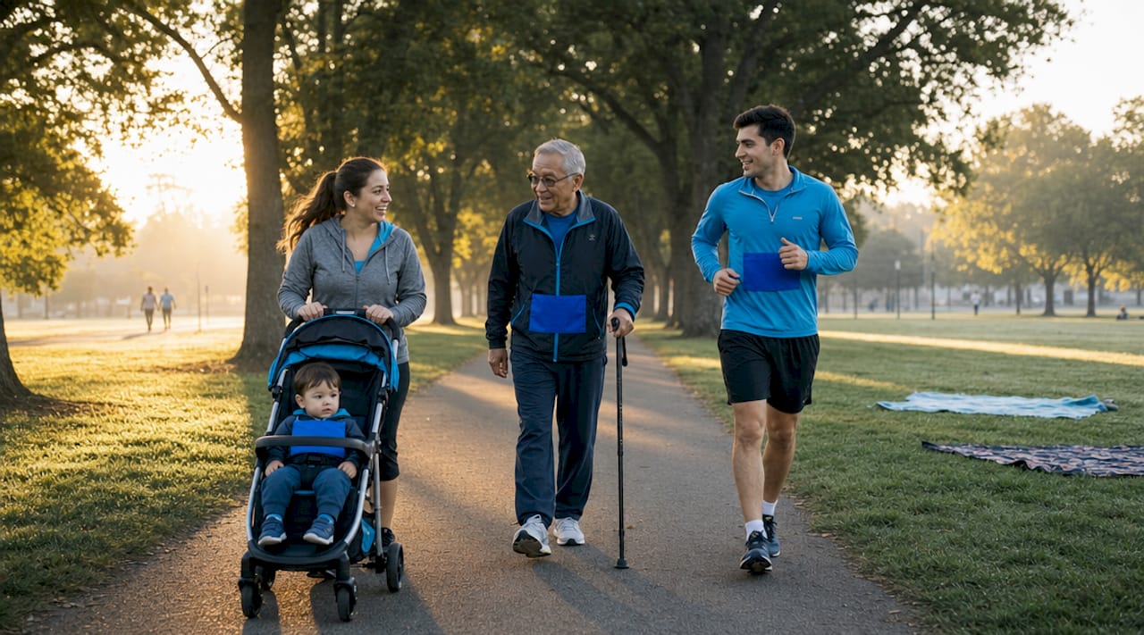 Family diverse fitness levels walk and jog