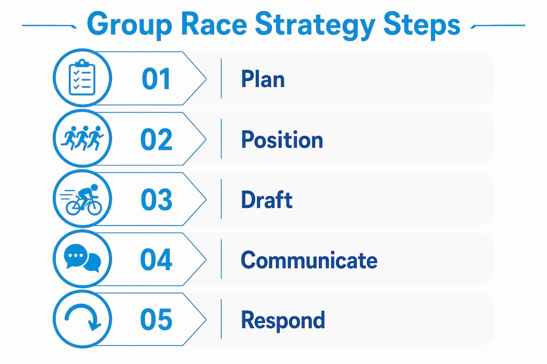Infographic illustrating five key steps in group race strategy