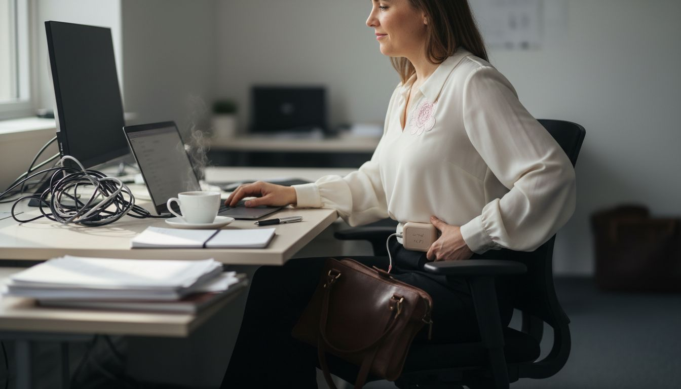 Kvinna placerar diskret sin TENS-apparat vid skrivbordet