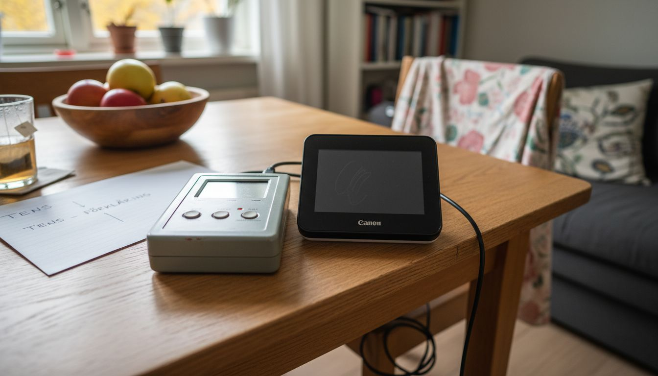 Två TENS-apparater ligger framme på soffbordet