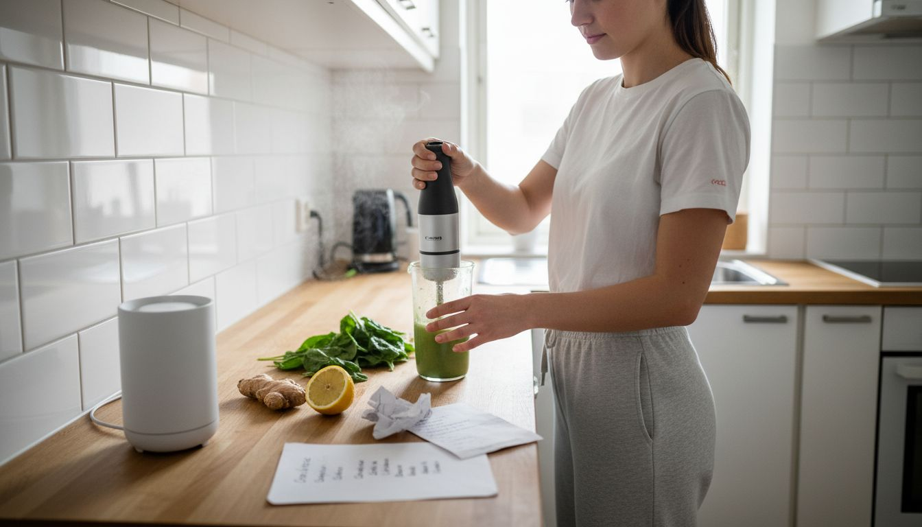 Kvinna gör egen smoothie för att lindra besvären på ett naturligt sätt