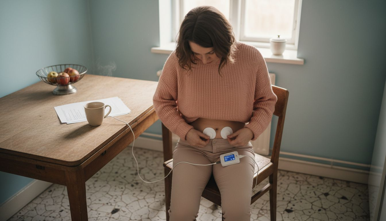 En kvinna lindrar sina menssmärtor med TENS-apparat hemma i köket.