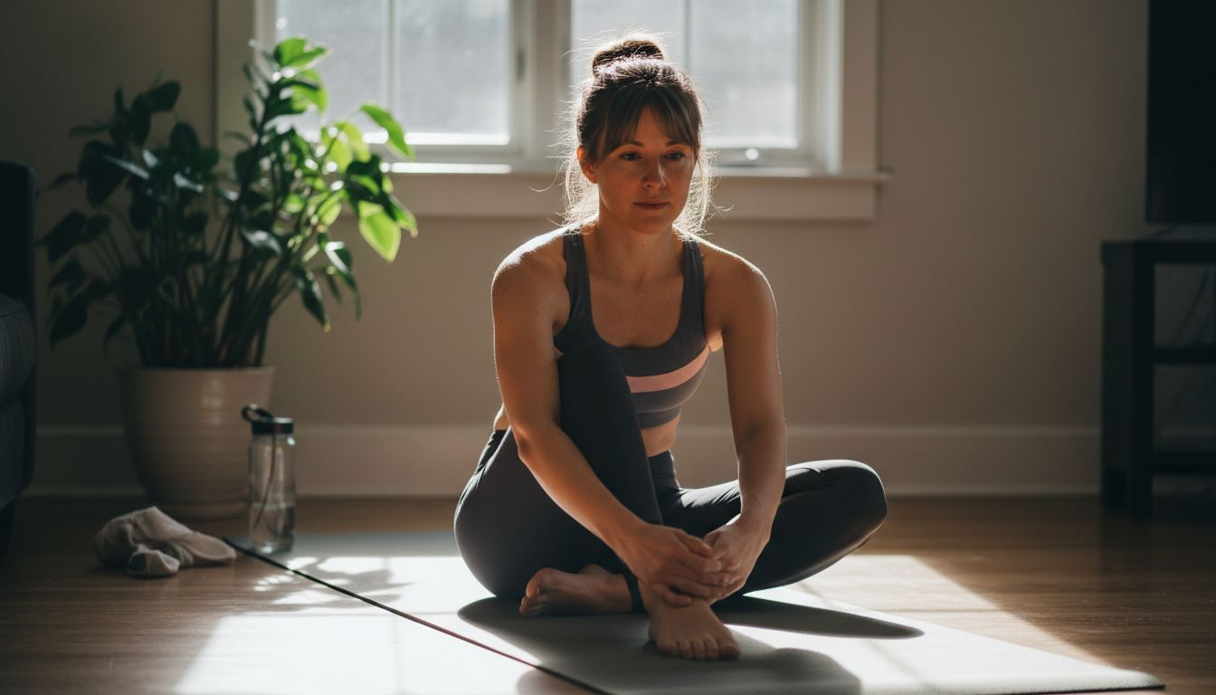 Kvinna utövar yoga hemma under mensen