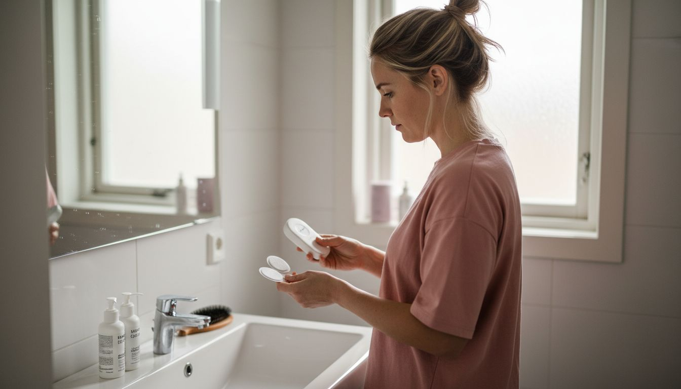 Kvinna gör i ordning sin TENS-apparat vid handfatet