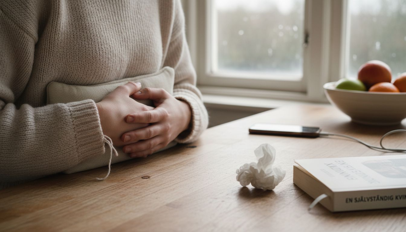 Närbild på kvinna som håller en värmedyna mot magen för att lindra smärta.