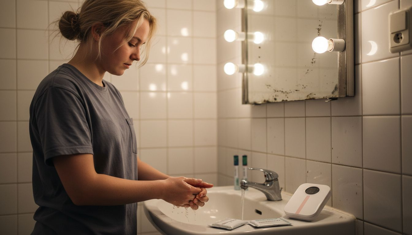 En tonårstjej tvättar händerna noggrant innan hon börjar använda produkten.