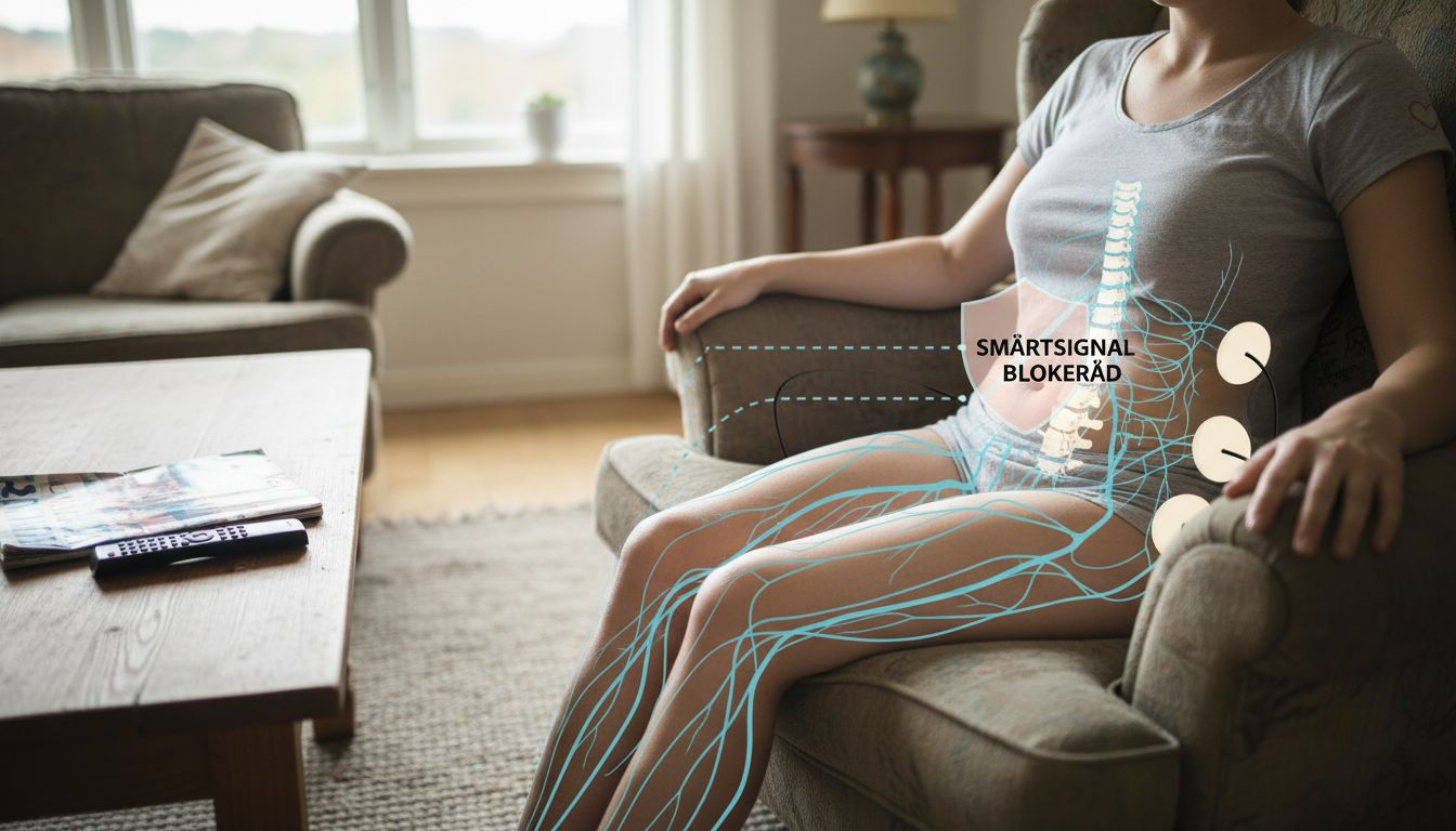 Medicinsk illustration som visar hur TENS-behandling stör smärtsignaler i nerverna.