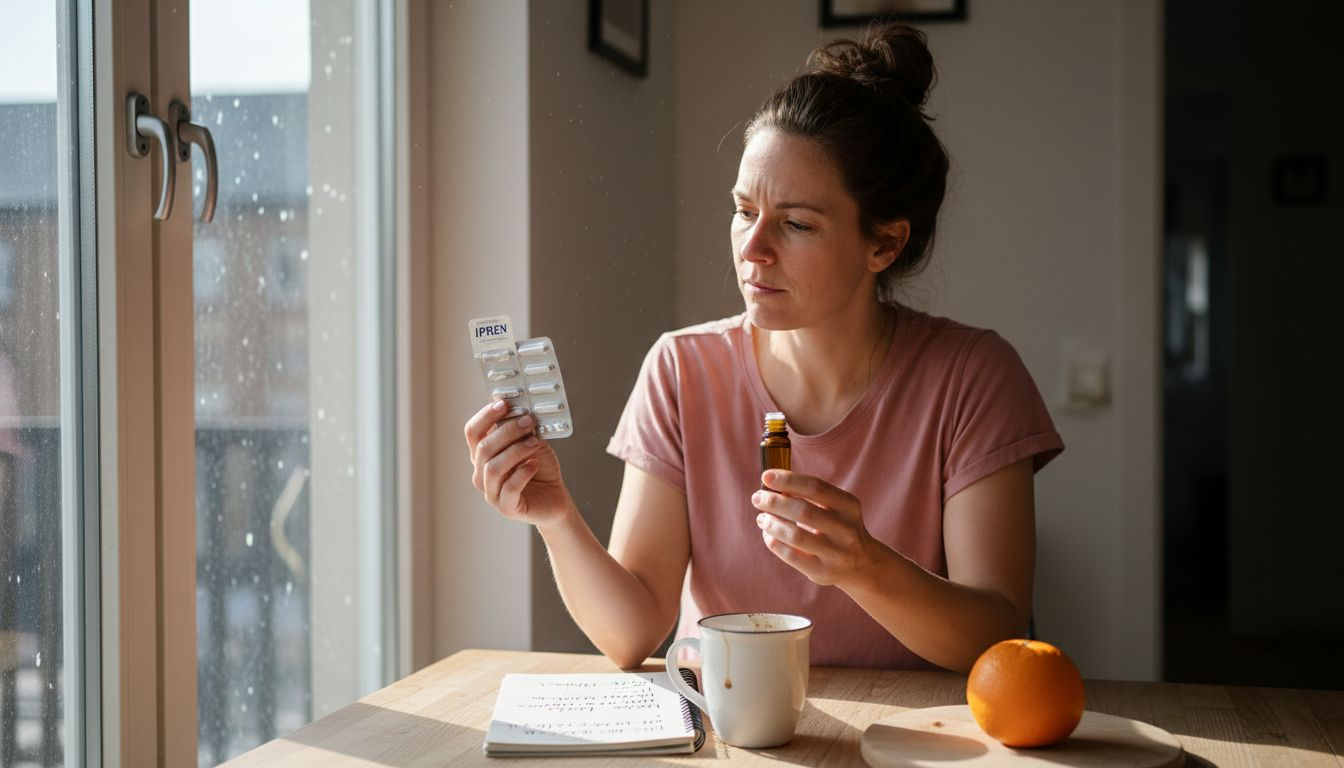 Kvinna funderar på om hon ska välja kapslar eller olja