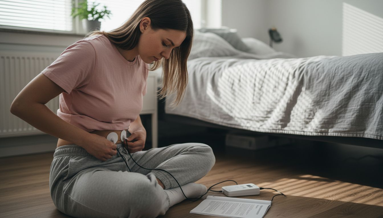 En kvinna använder en TENS-apparat för att lindra smärta.