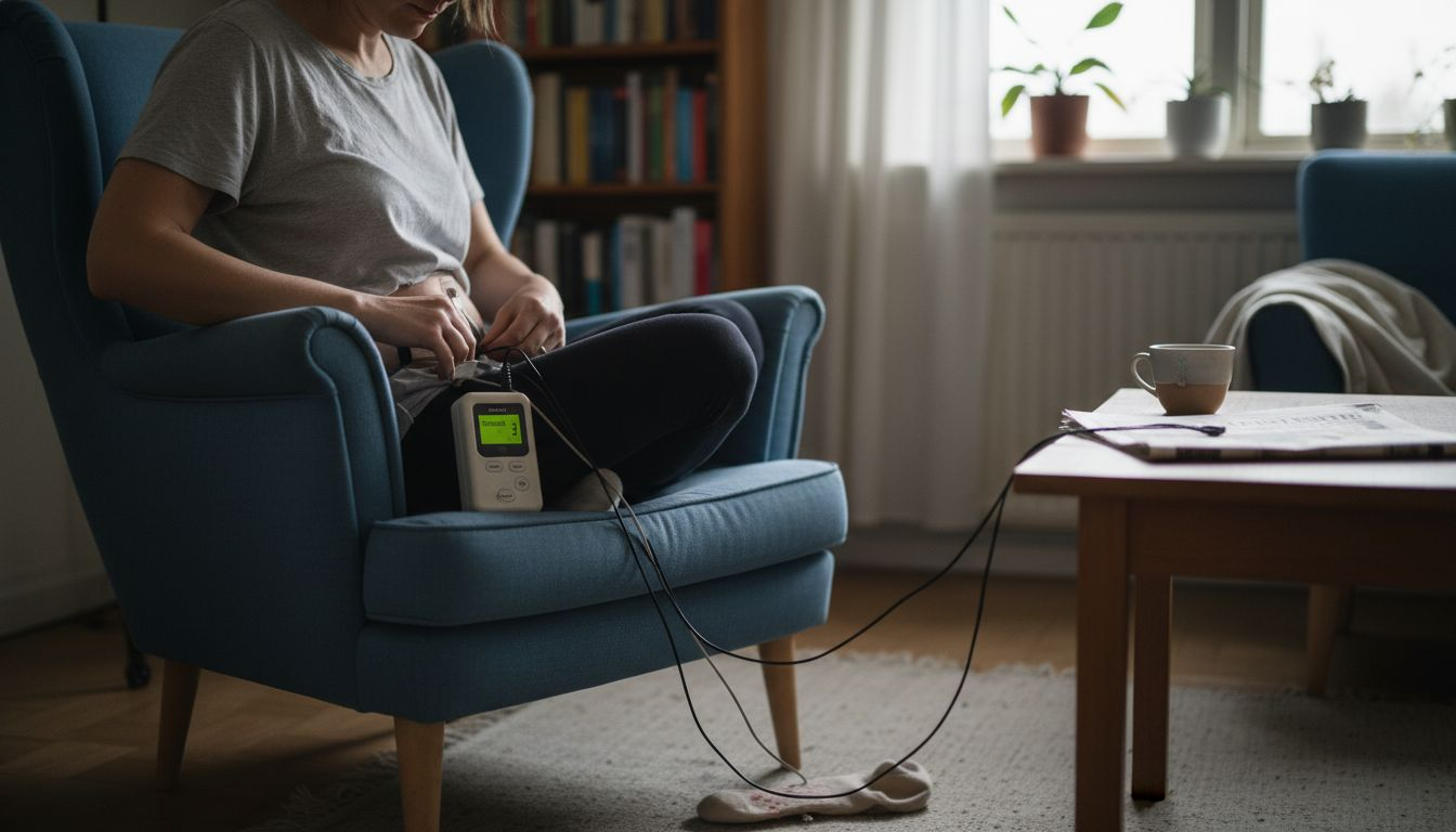 En kvinna lindrar mensvärken hemma med hjälp av en TENS-apparat.