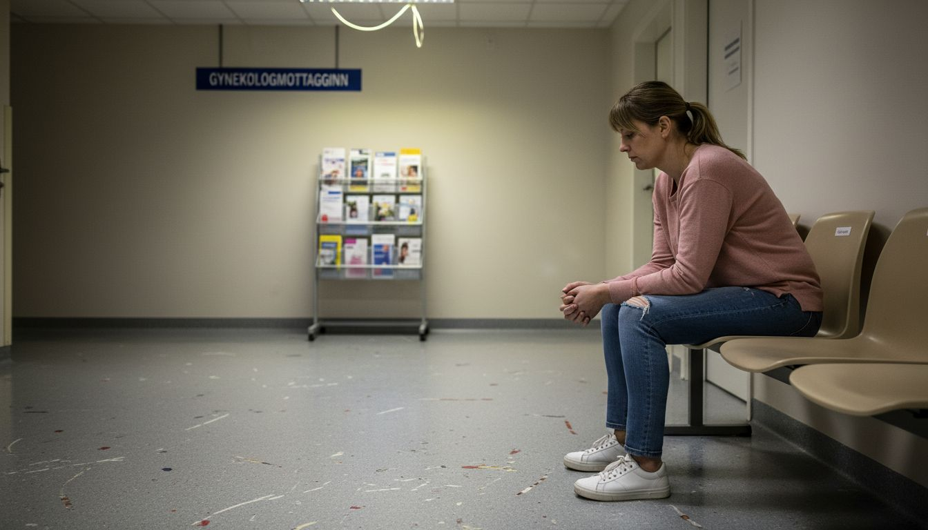 En kvinna sitter och väntar utanför gynekologmottagningen i sjukhusets korridor.