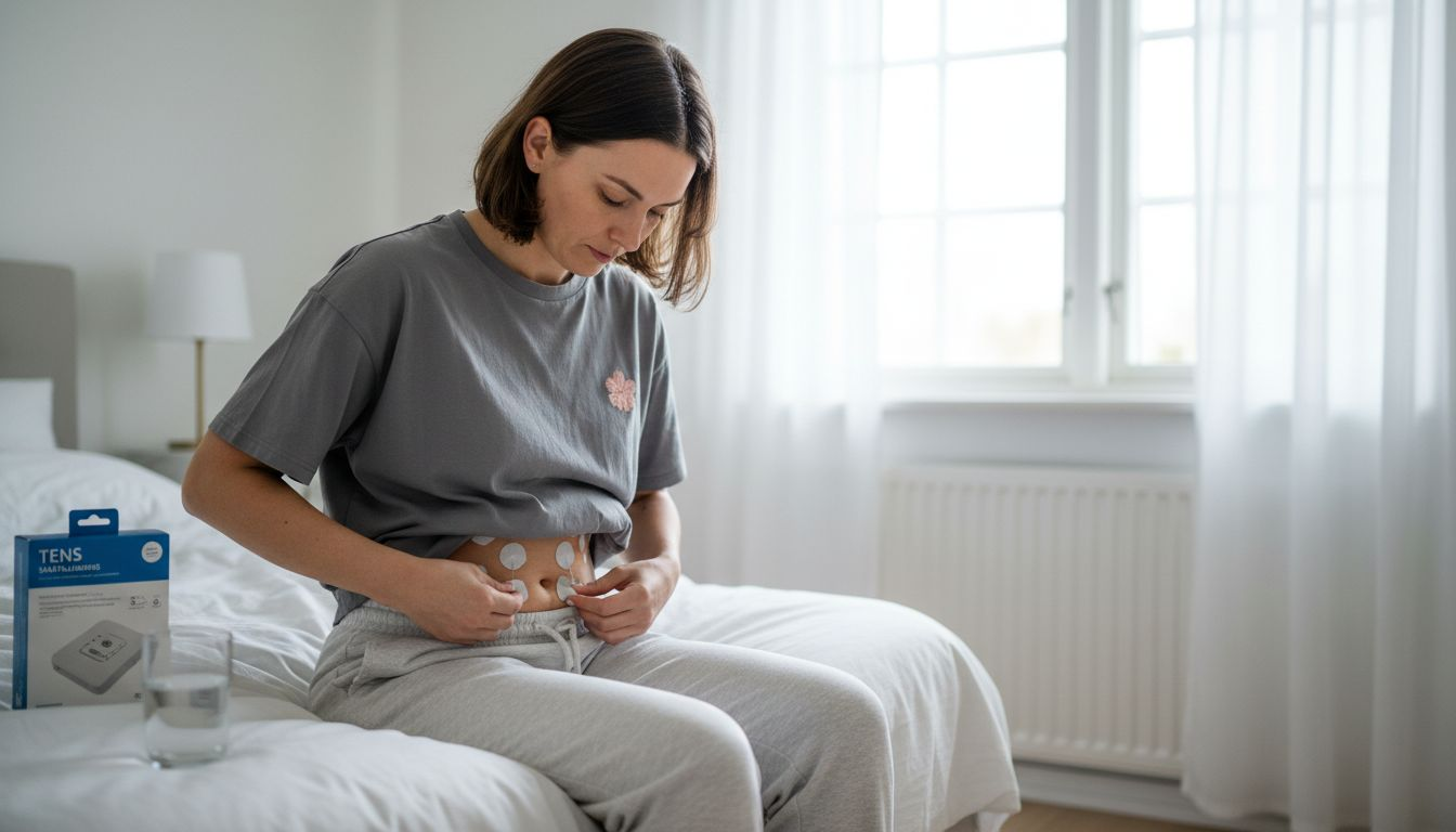 En kvinna fäster en TENS-apparat på magen.