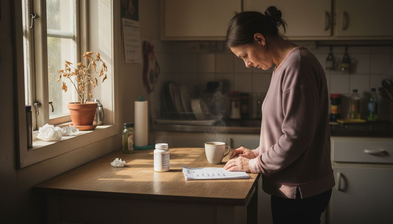 Kvinna funderar på om hon ska ta värktabletter som ligger framme på köksbordet.