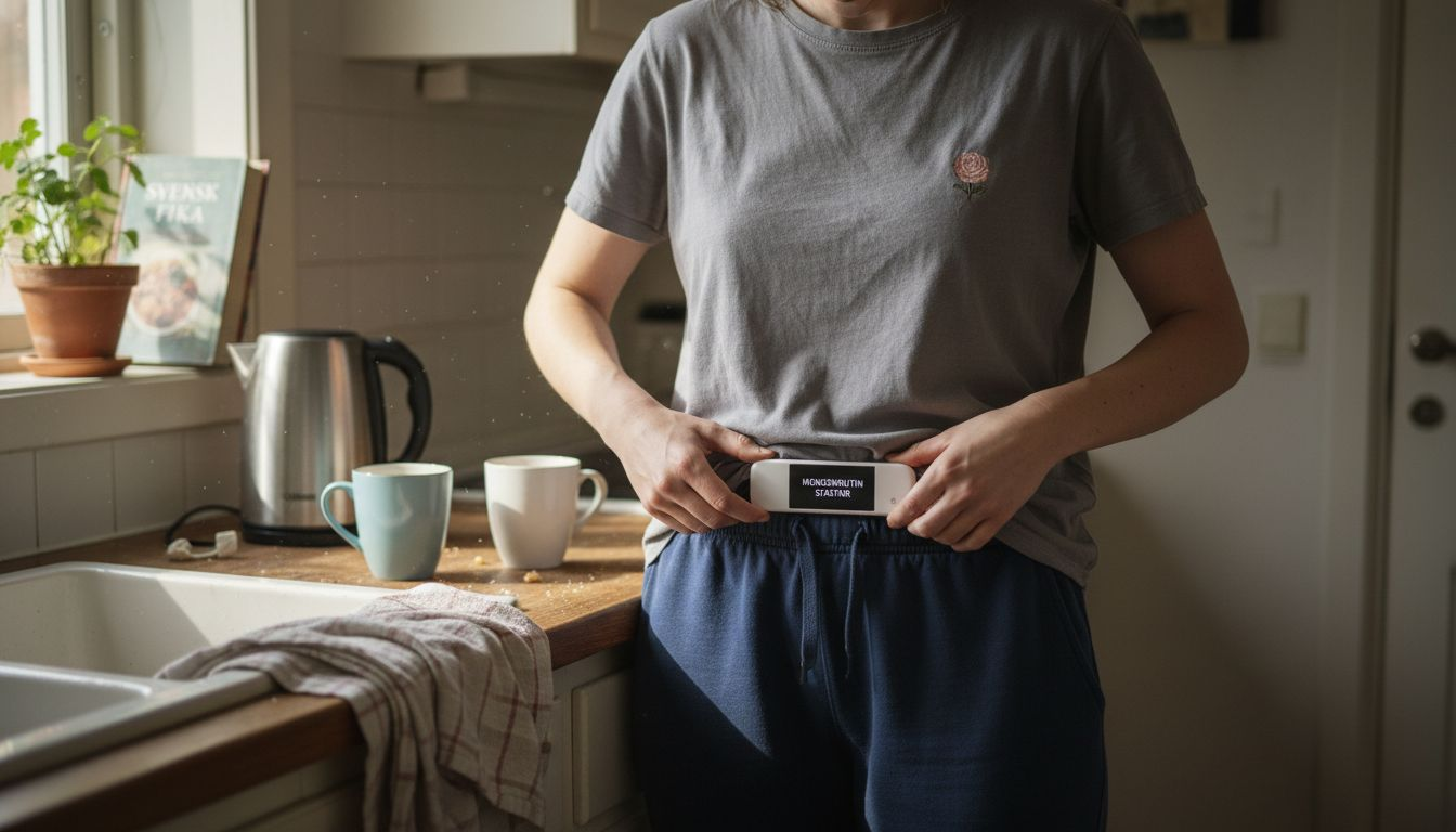 En kvinna justerar diskret sin smidiga smärtlindrande enhet.