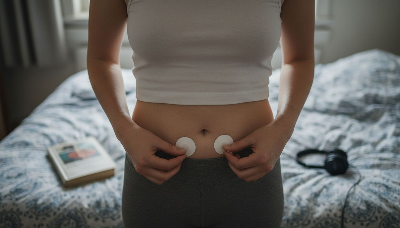 Detaljbild på hur en TENS-enhet används på magen