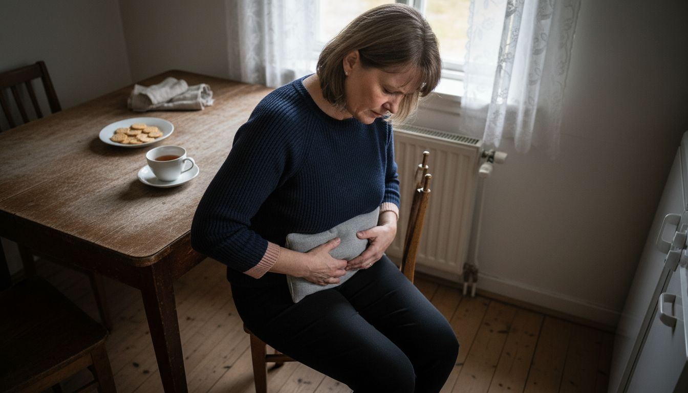 En kvinna sitter vid köksbordet och lindrar magont med en värmekudde.