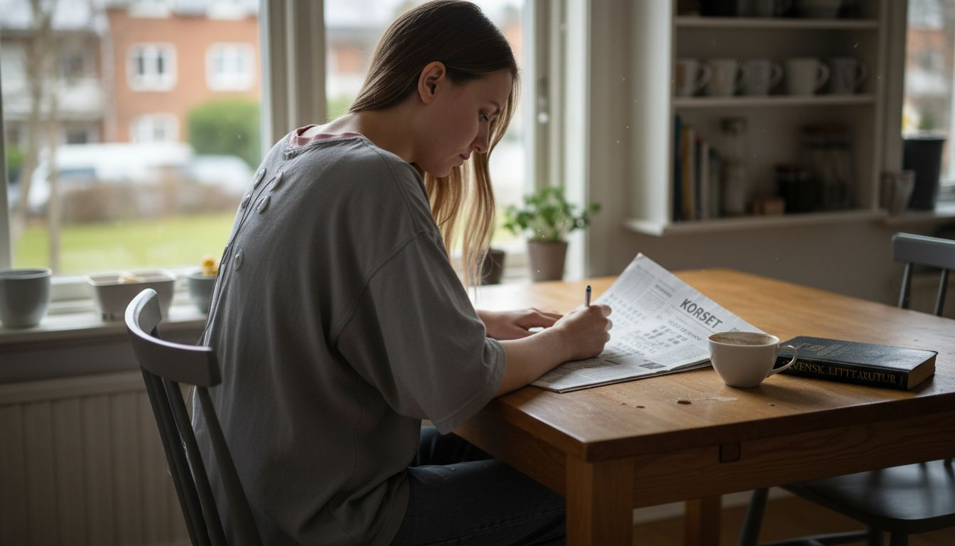 En kvinna sitter vid köksbordet och använder sin TENS-apparat.