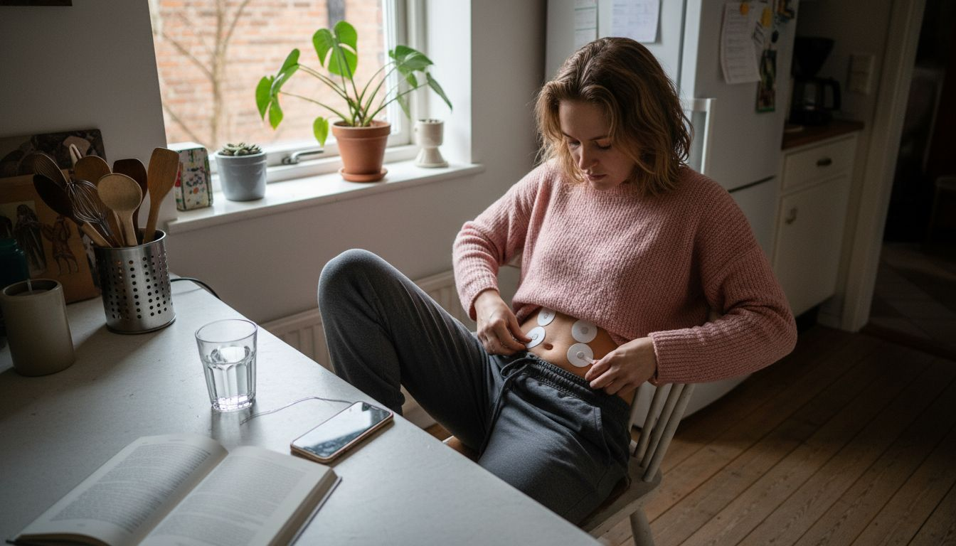 En kvinna sätter fast TENS-elektroder hemma i sitt kök.