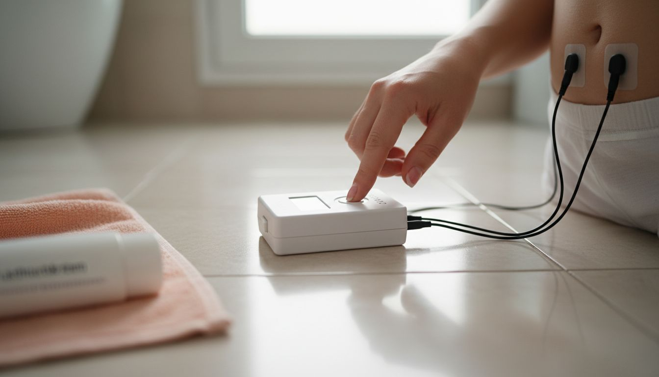 Ett par händer startar TENS-apparaten för att lindra mensvärken.