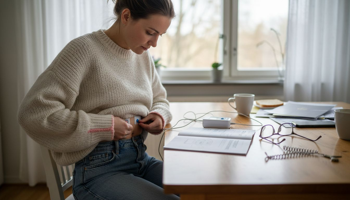 En ung kvinna använder en TENS-apparat över magen för smärtlindring.
