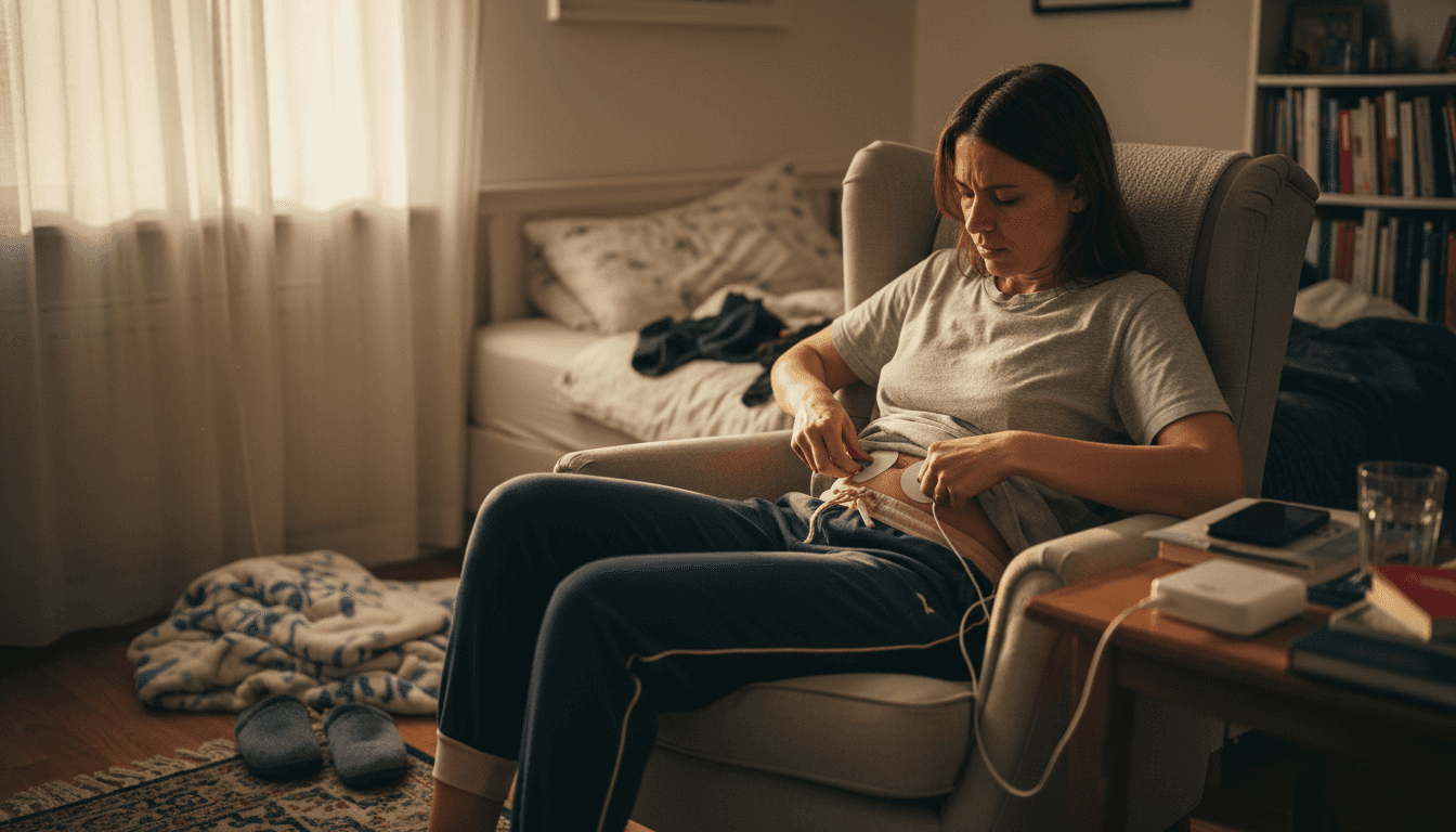 En kvinna använder en TENS-apparat hemma för att lindra sina kramper.