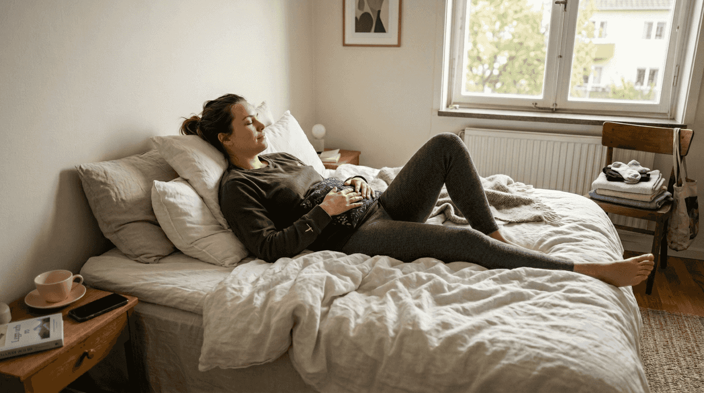 Kvinna lindrar mensvärk med värmedyna