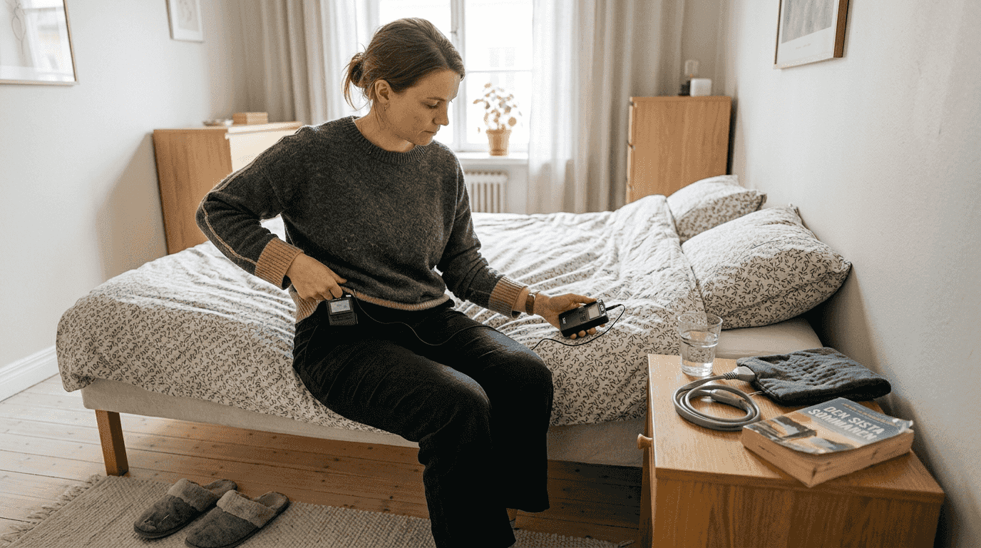 Ung kvinna ställer in TENS-apparat för att lindra mensvärk