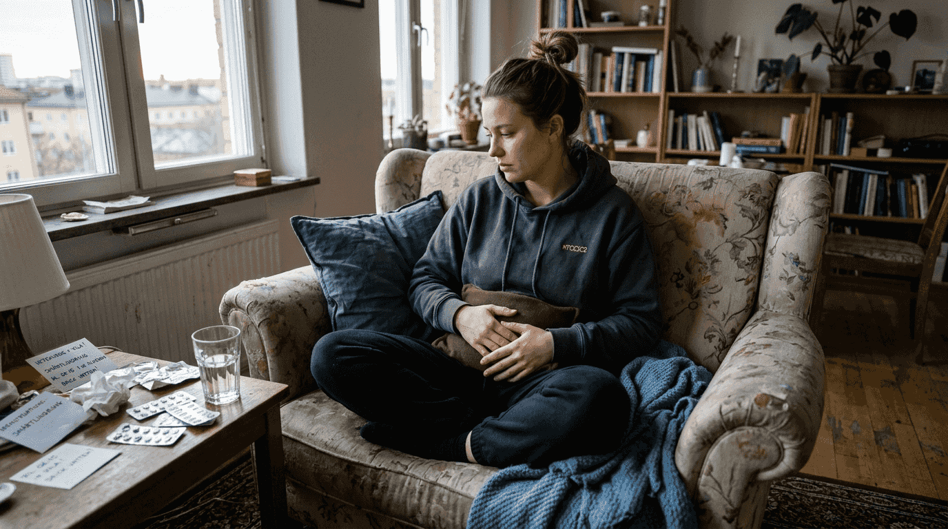 En kvinna lindrar mensvärk med hjälp av värme.