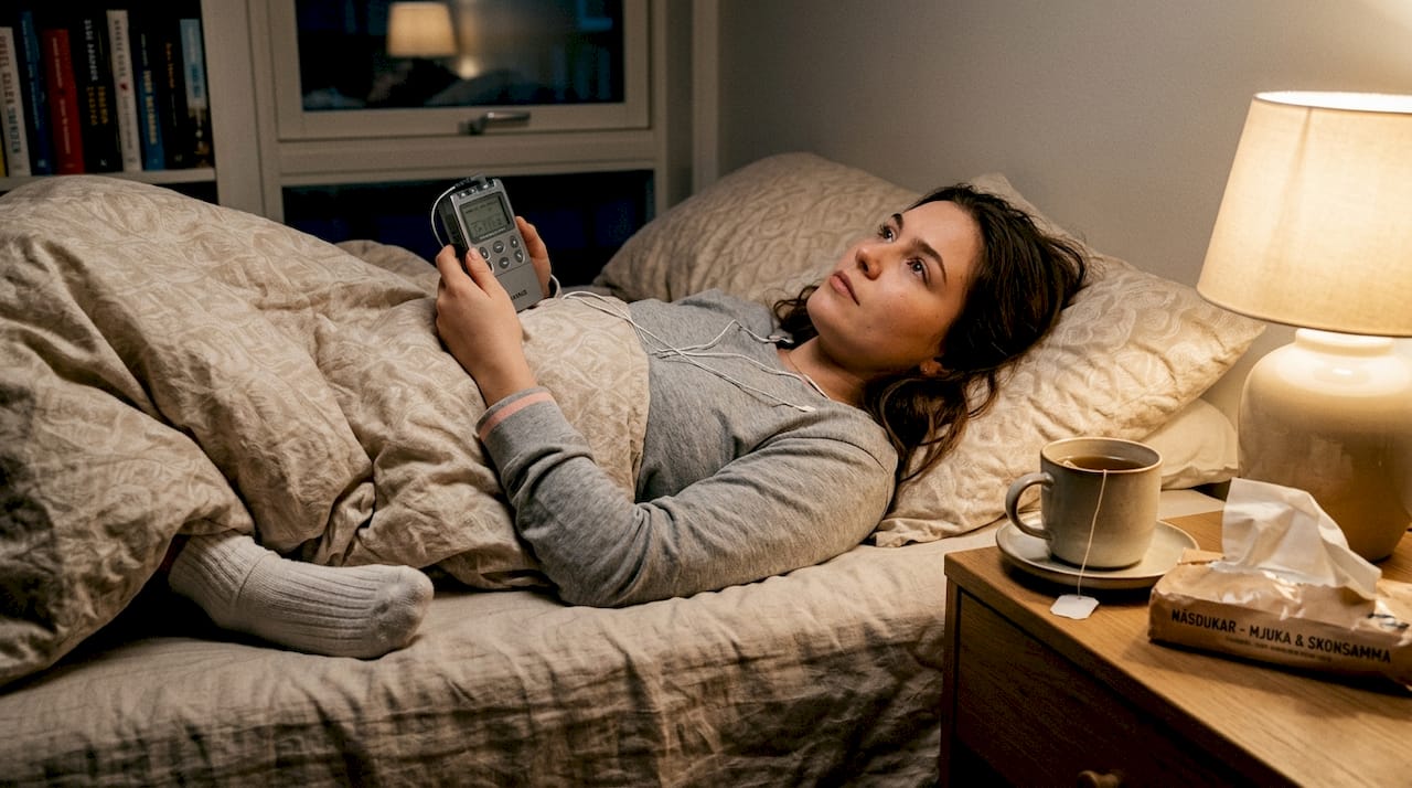 En ung kvinna ligger och använder en TENS-apparat i sitt sovrum.