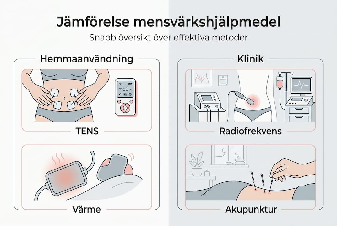En överskådlig infografik som visar och jämför olika sätt att lindra mensvärk