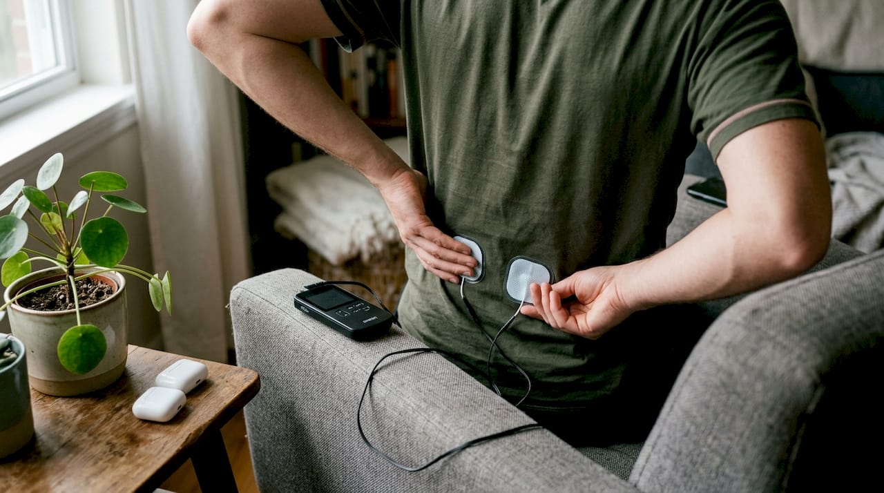 Händer som fäster TENS-elektroder på nedre delen av ryggen