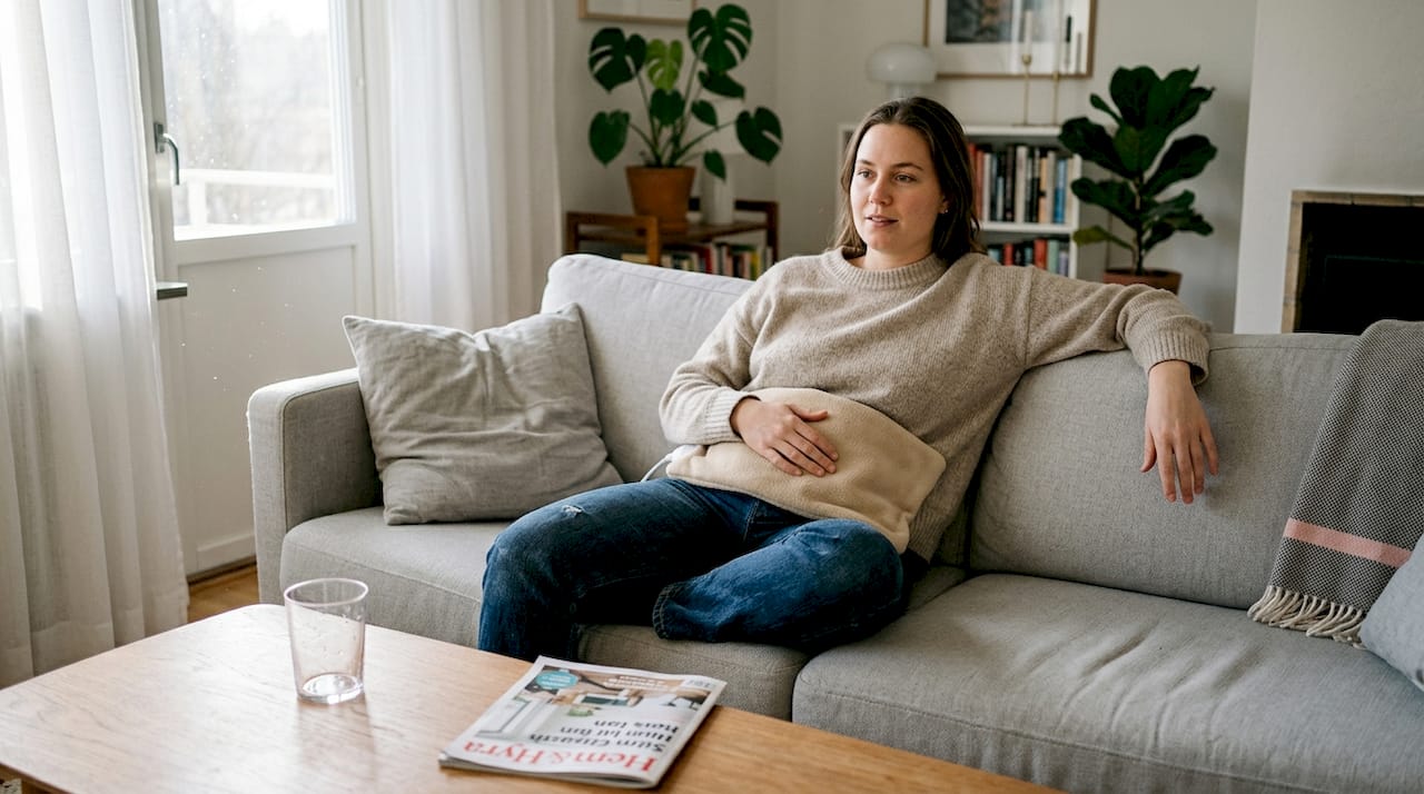 En person ligger i soffan och lindrar mensvärken med en värmedyna.