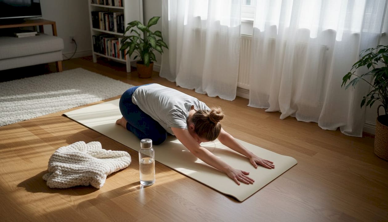 En kvinna som tränar yoga hemma i vardagsrummet.