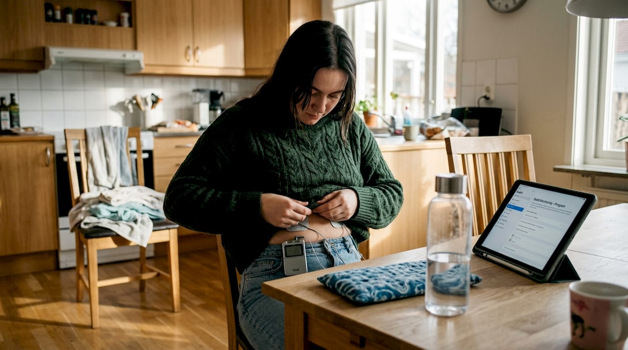 Kvinna sätter på TENS-apparat och lägger värmedyna