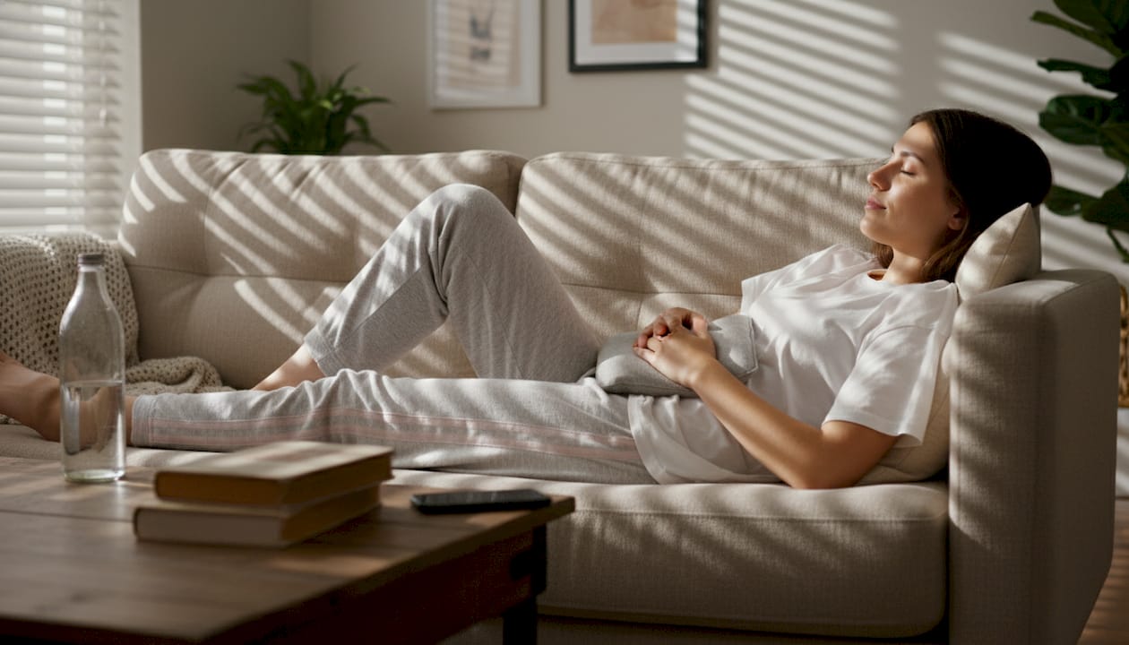 En kvinna lindrar mensvärken hemma med hjälp av en värmedyna.