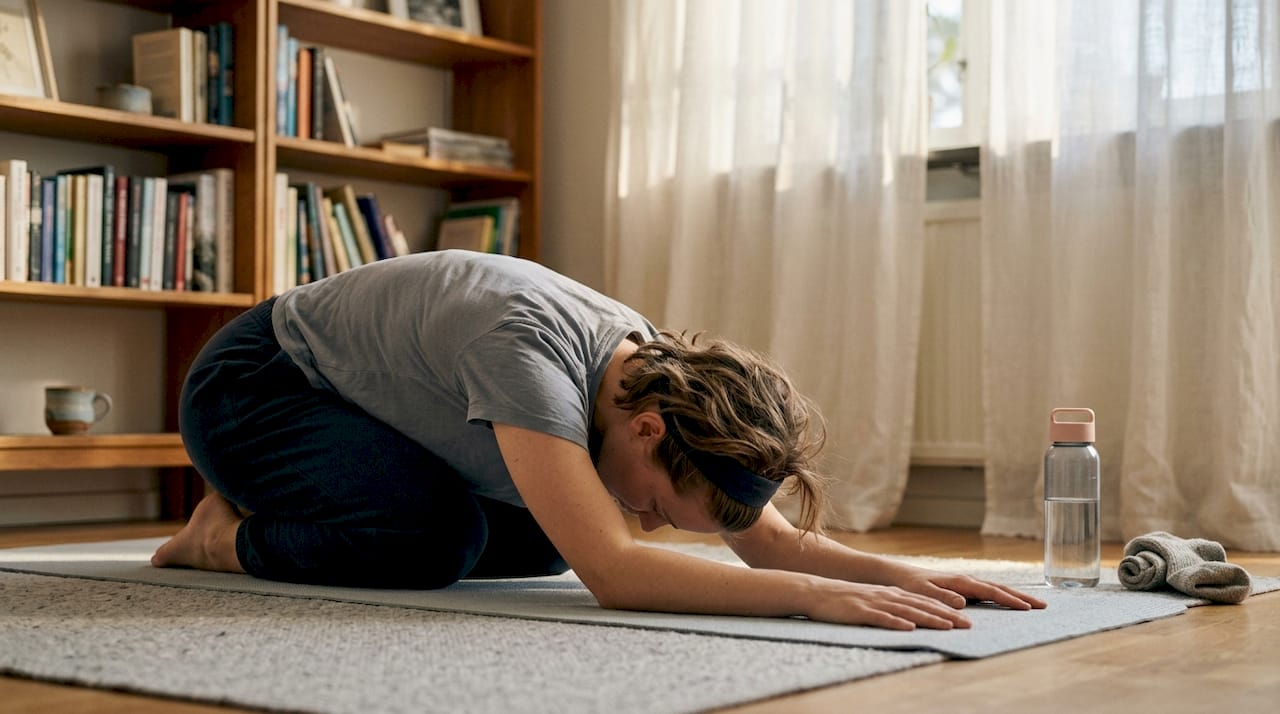 En kvinna gör avslappnade yogaövningar hemma i vardagsrummet.