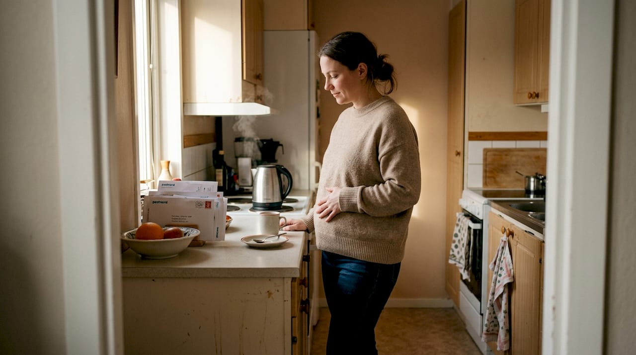 En kvinna står i köket och brygger en kopp te för att lindra och få lite ro.