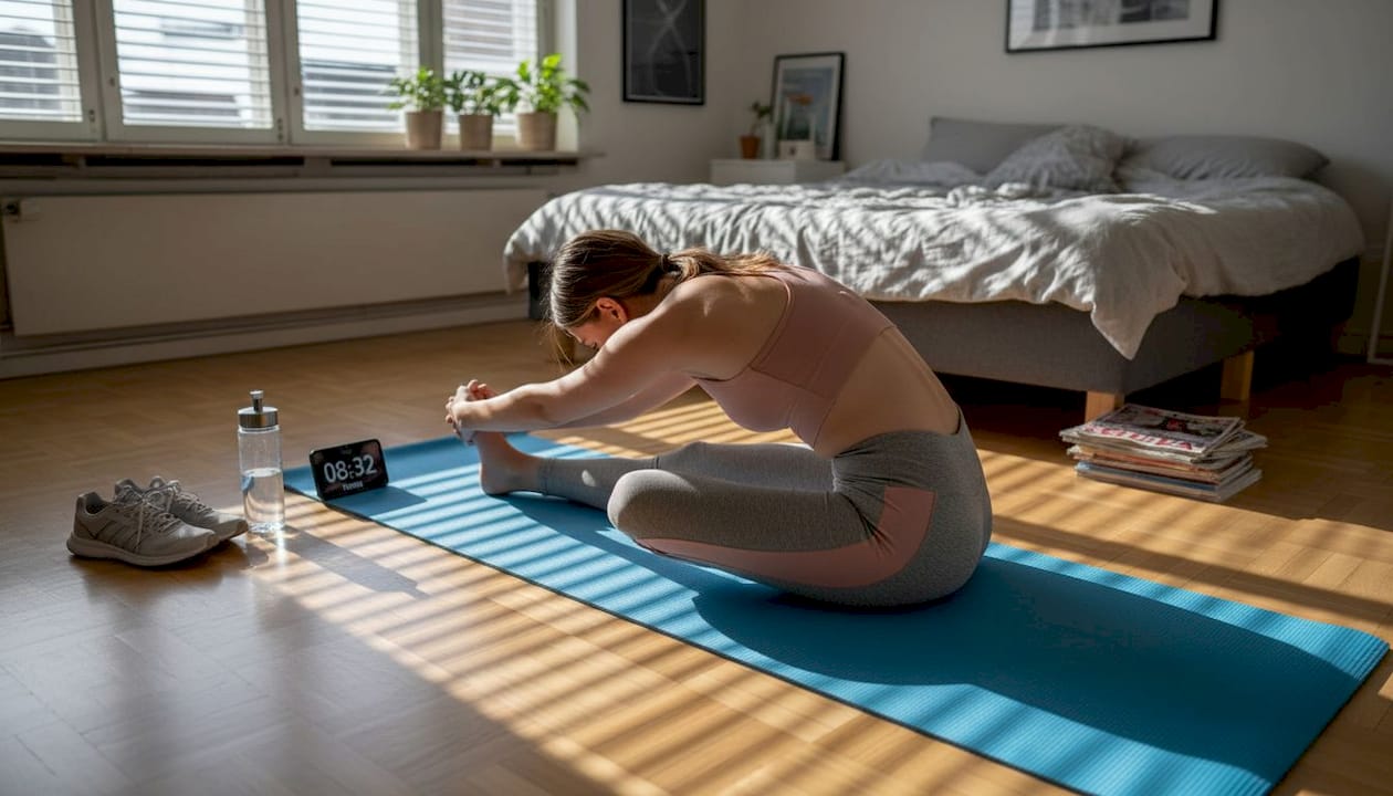 En kvinna gör stretchövningar på sin yogamatta hemma i vardagsrummet.