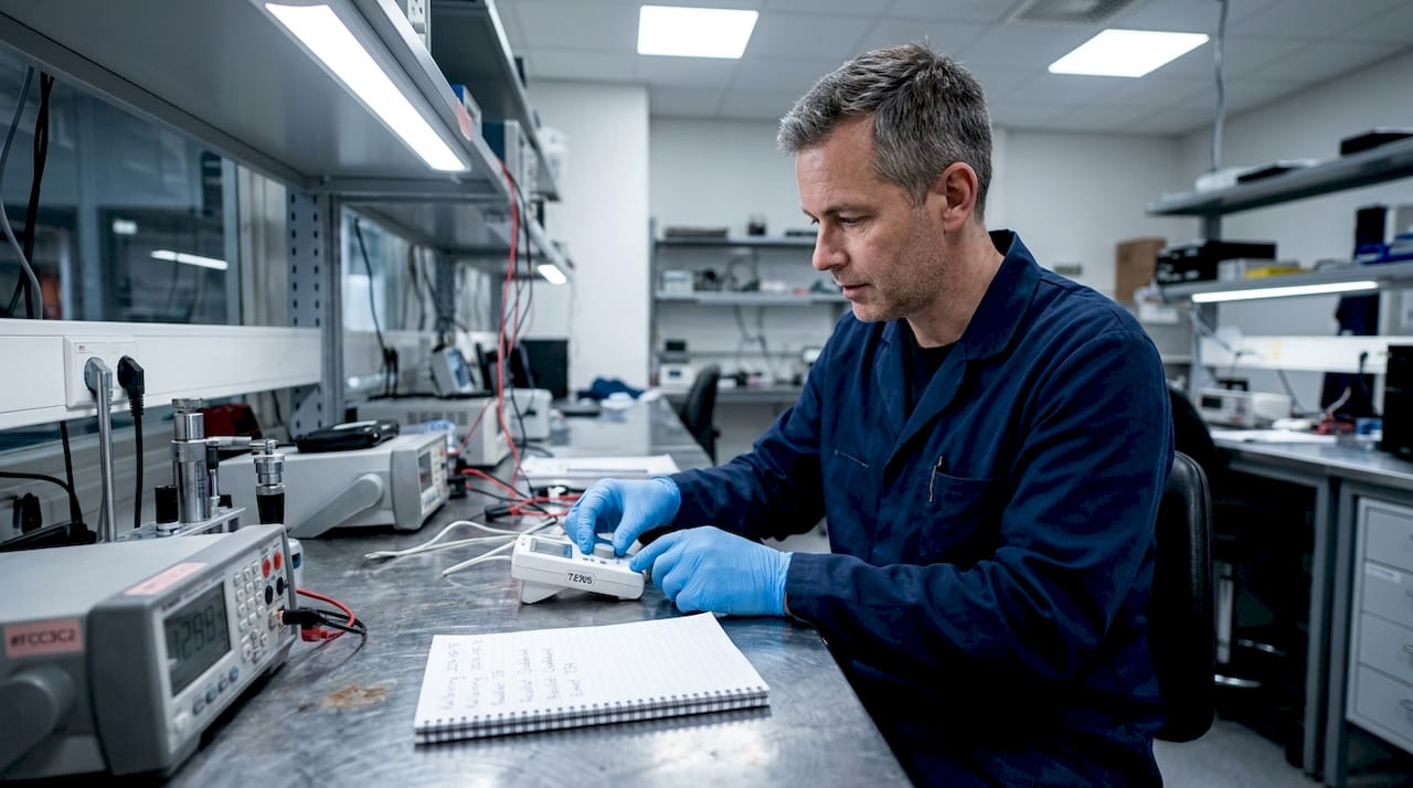 En tekniker utför tester på en medicinteknisk utrustning i laboratoriet.