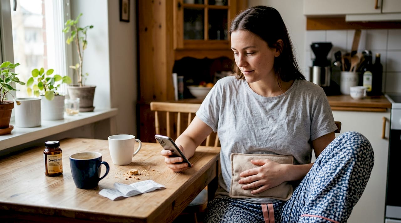 En kvinna lindrar smärta med värmedyna medan hon är i köket.