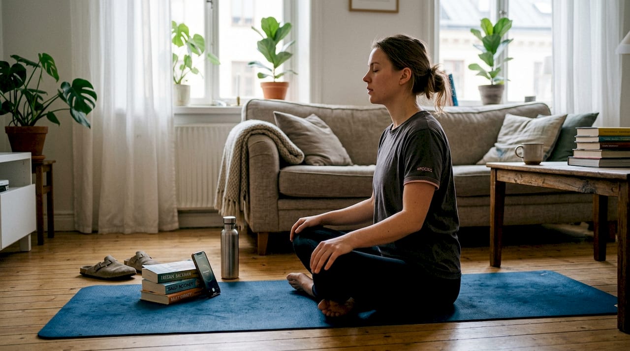 En kvinna tränar yoga hemma och följer ett pass via en app i mobilen.