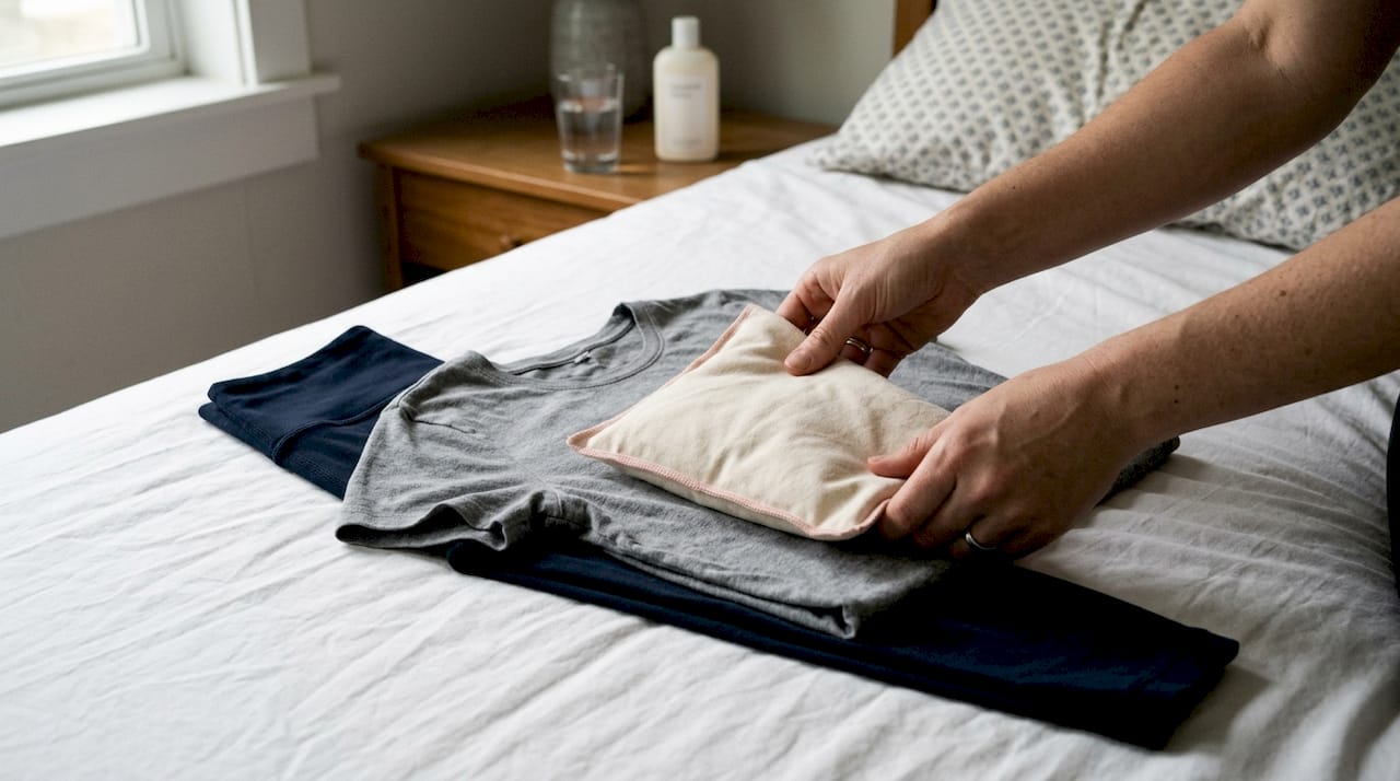 Händer som förbereder en värmekudde för att lindra mensvärk