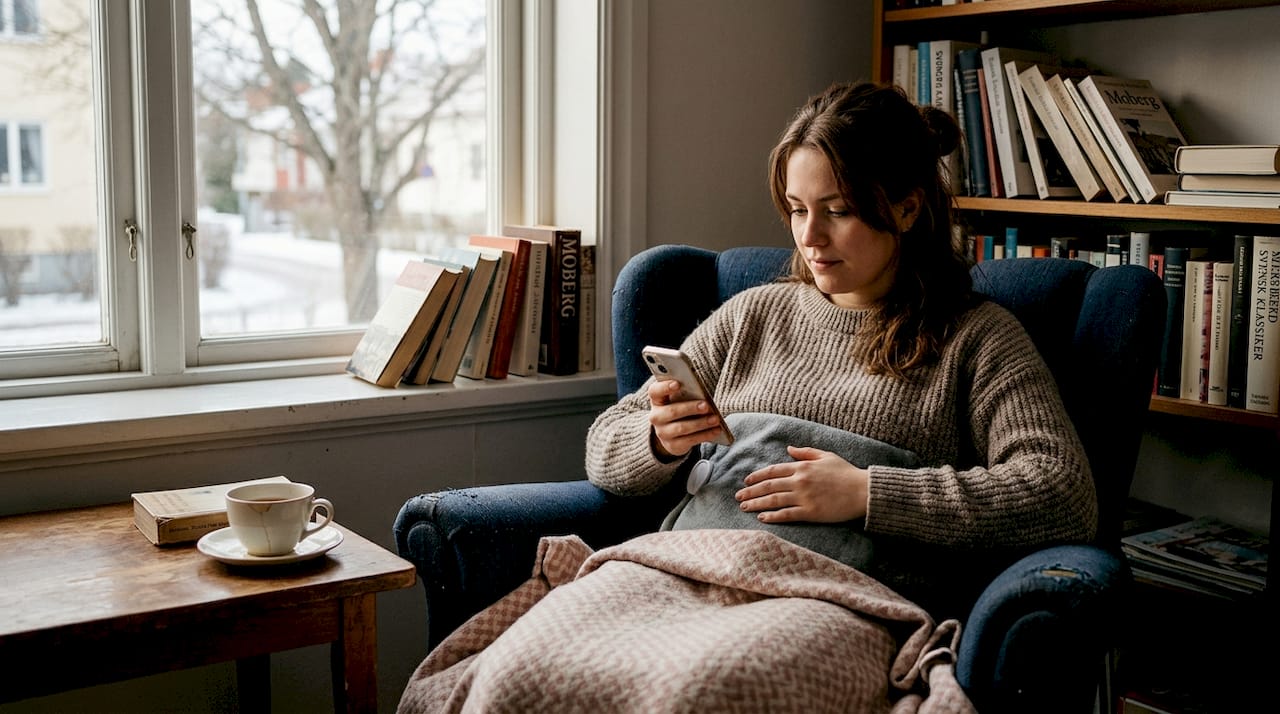 En kvinna sitter i vardagsrummet och värmer sig med en värmedyna.