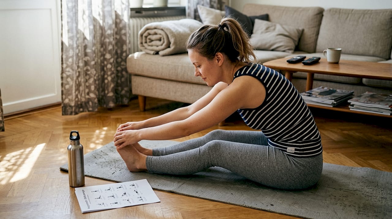 En kvinna gör lugna stretchövningar på sin yogamatta hemma i vardagsrummet.