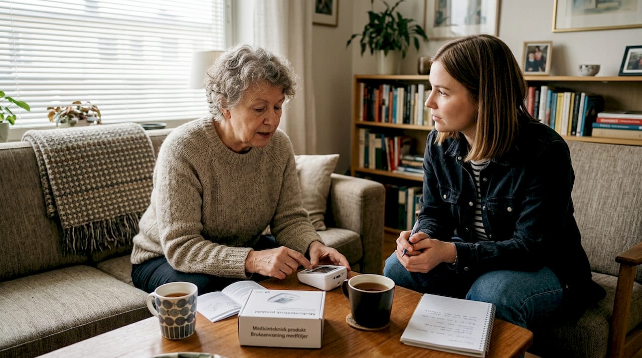 Två kvinnor diskuterar en medicinteknisk produkt