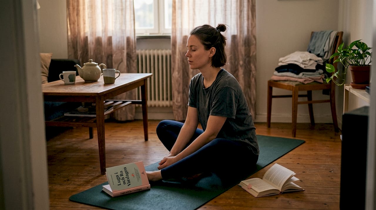 Kvinna som gör mjuka yogarörelser hemma i vardagsrummet