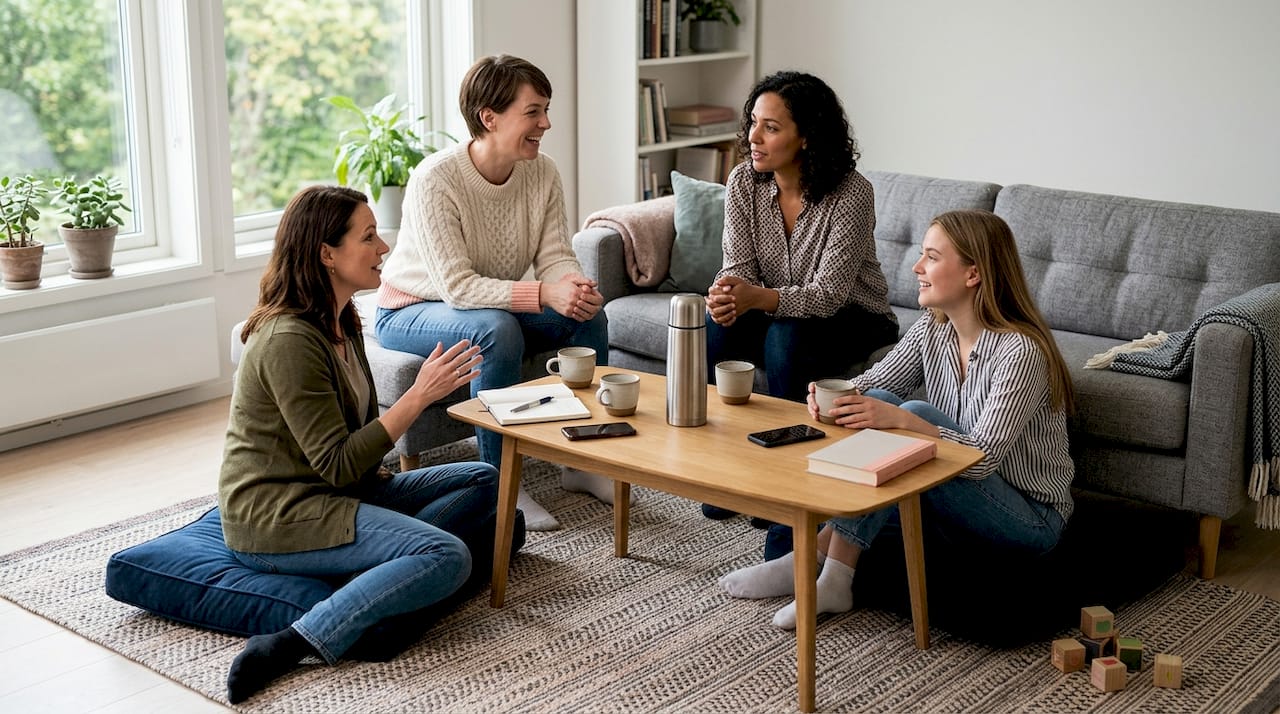 Fyra kvinnor sitter och pratar i vardagsrummet