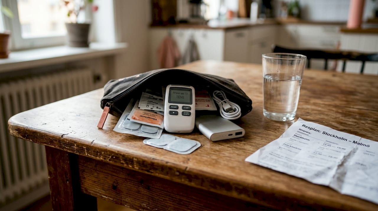 Så här kan innehållet i ett reseapotek med smärtlindring se ut när allt är uppdukat.