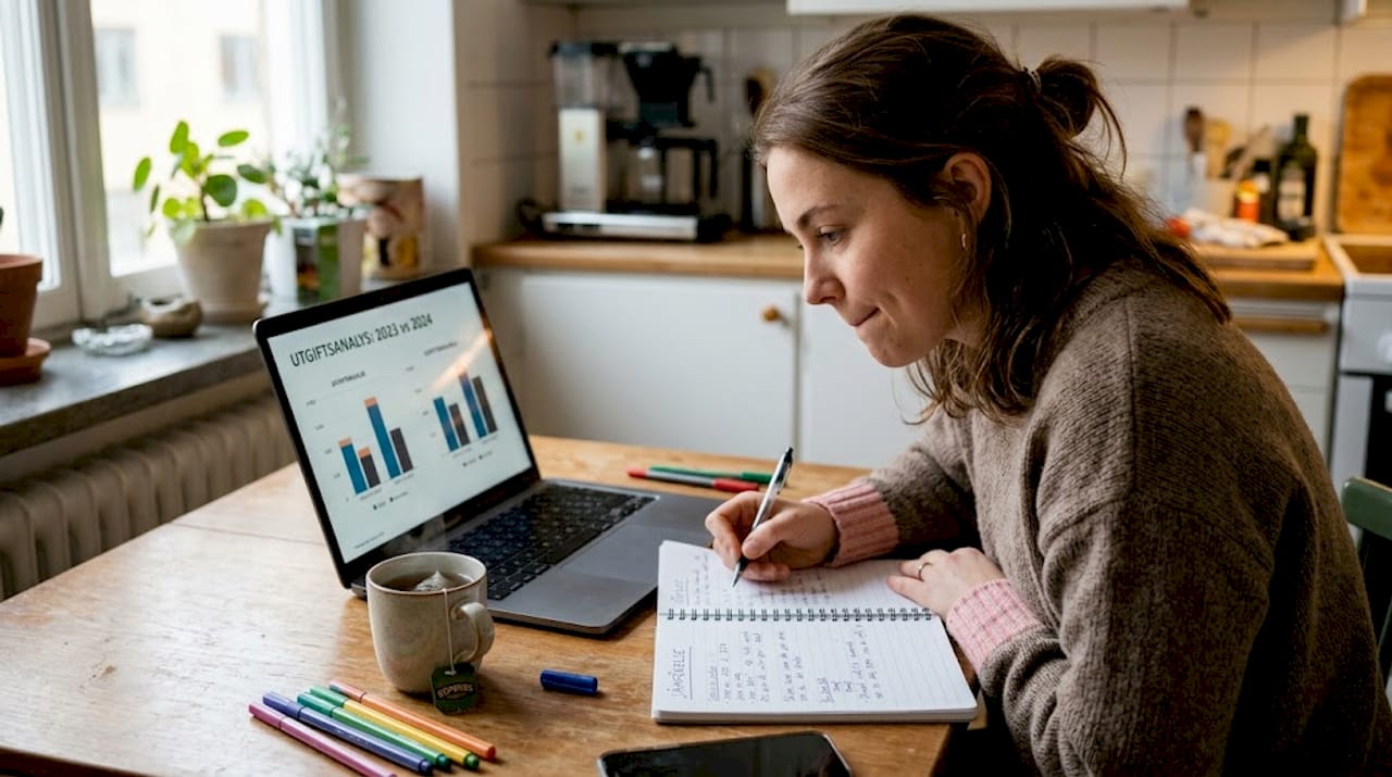 Vid köksbordet sitter en kvinna och går noggrant igenom sina dag anteckningar.