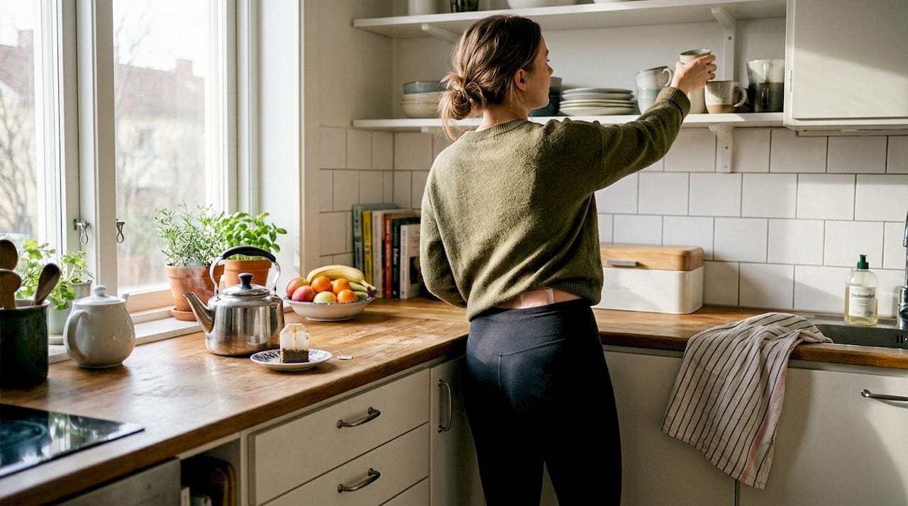 Kvinna som brygger te med värmekudde synlig på magen